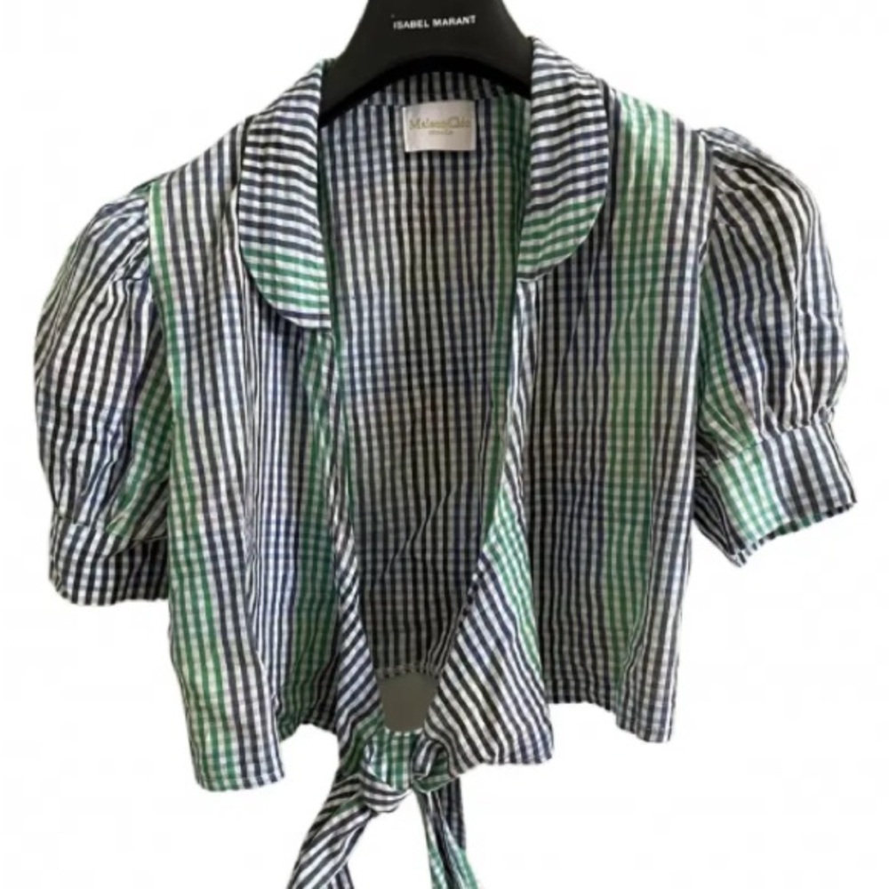 Maison Cleo Tie-Front Gingham Cropped Top in Navy and Green large